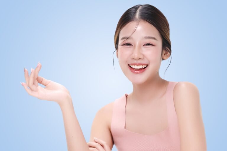 Close-up portrait of young Asian beautiful woman with K-beauty make up style.